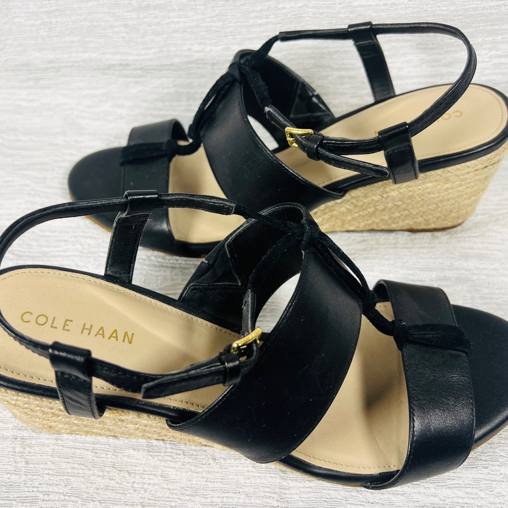 Cole Haan Black Leather Wedge Sandals